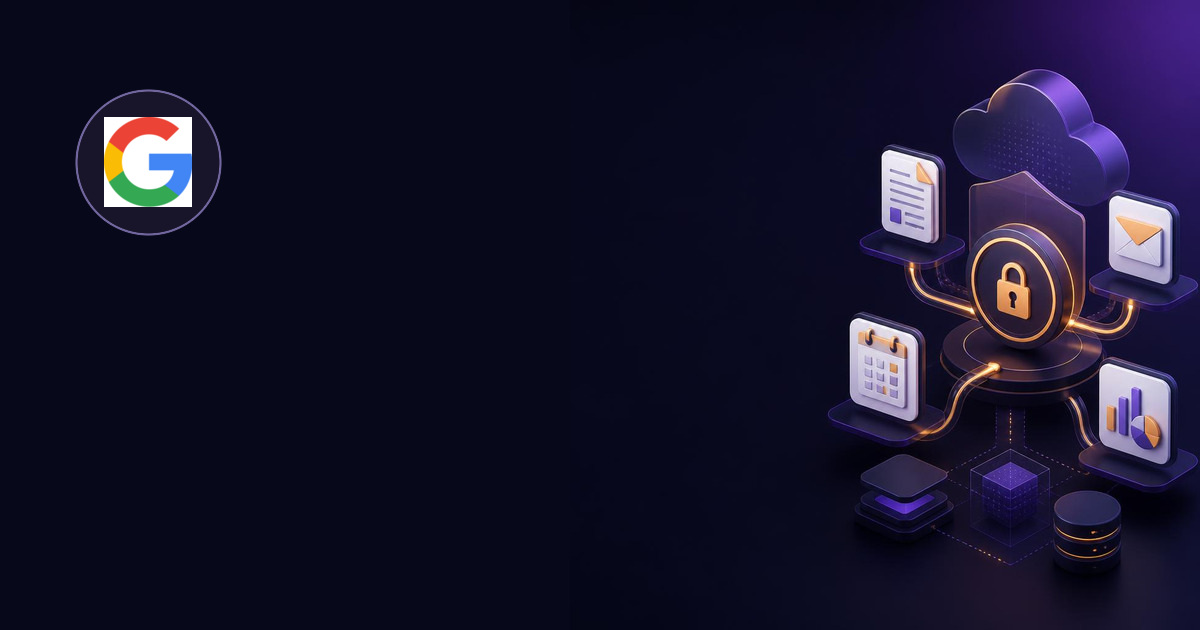 Dark Google Workspace illustration with the multicolor Google G logo and document, email, calendar, and reporting tools connected through a secure OAuth gateway.