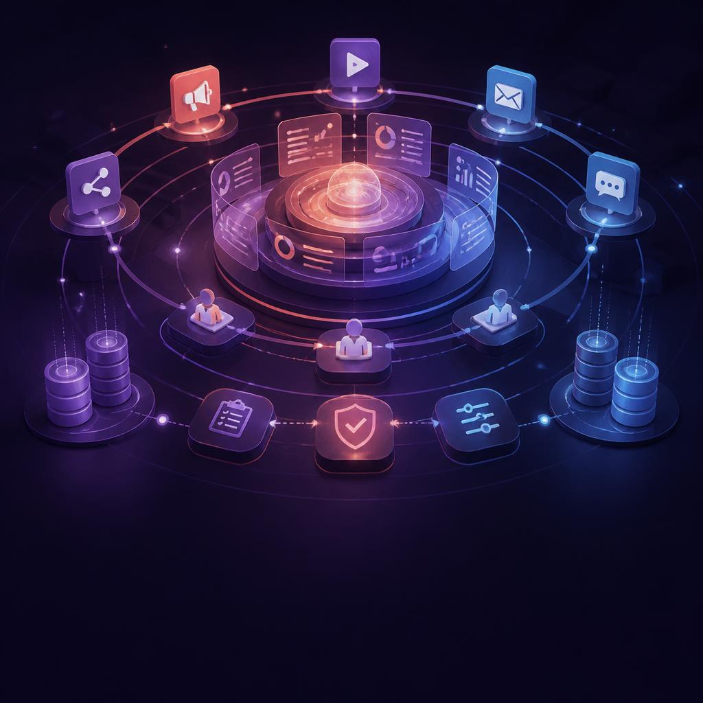 Illustration of connected marketing workflows around an operational intelligence hub.