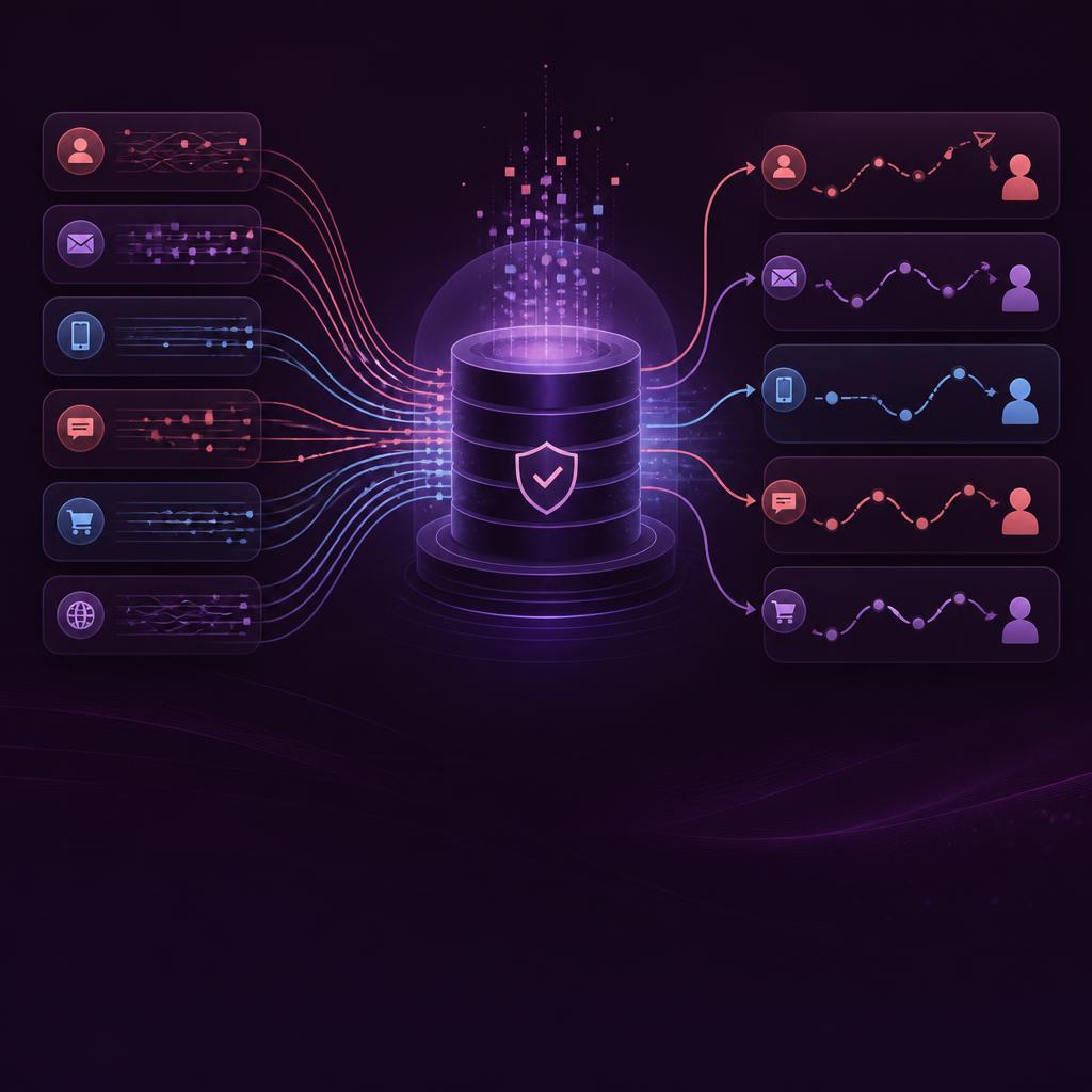 Illustration of marketing data streams feeding a central warehouse and coordinated journeys.