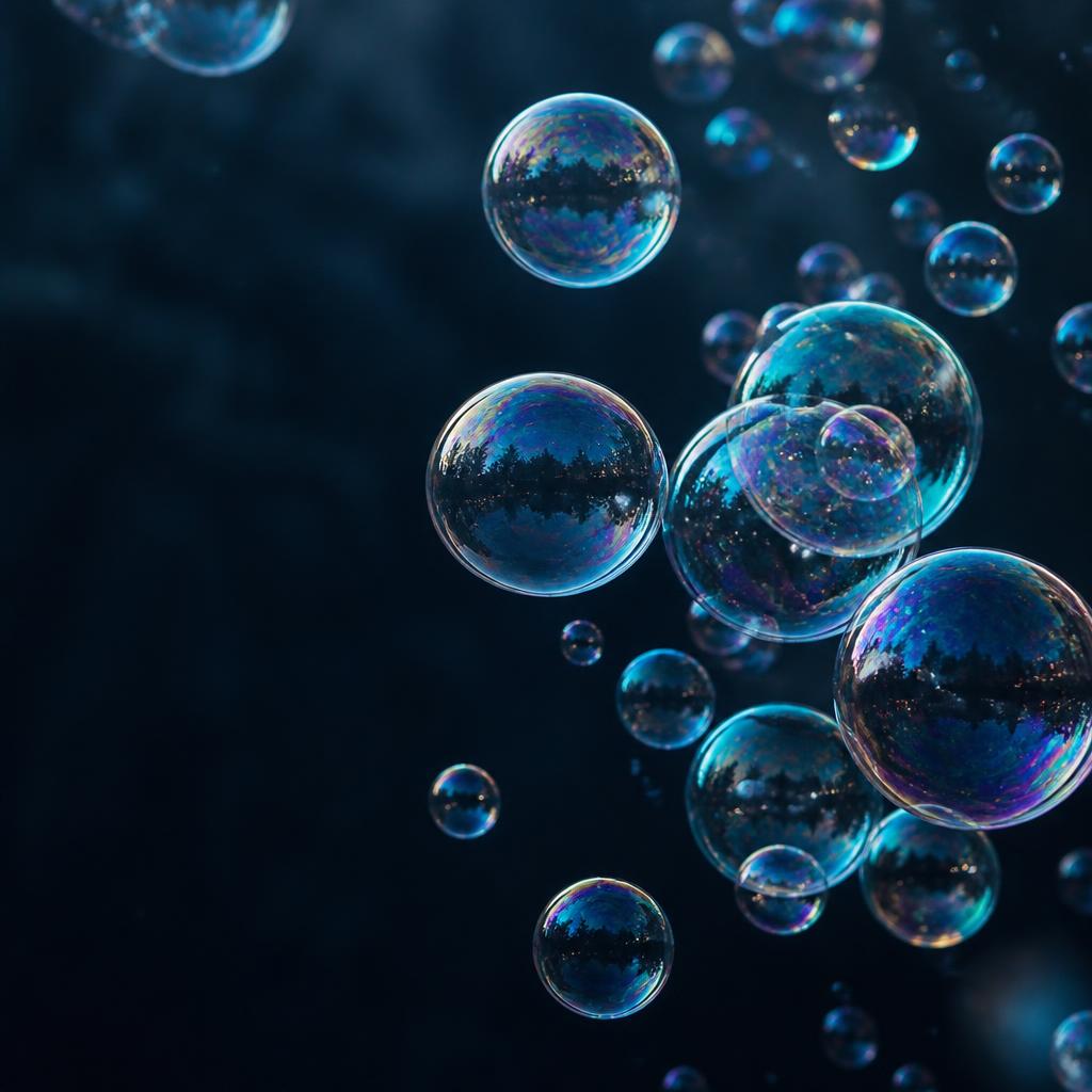 Iridescent soap bubbles floating against a dark navy background.