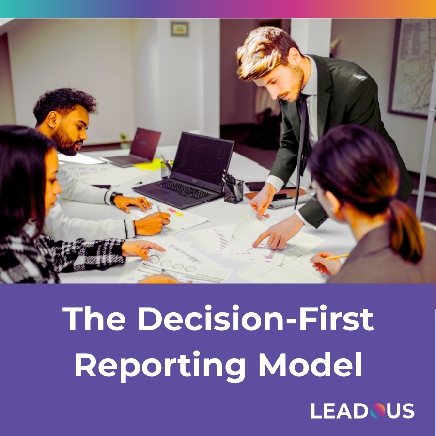 Minimalist purple-branded graphic with bold white text reading “The Decision-First Reporting Model,” representing a structured framework for executive-level revenue reporting and decision clarity.