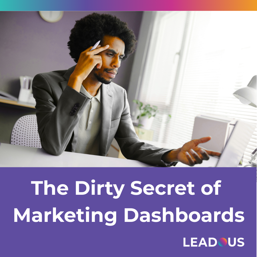 Minimalist purple-branded marketing graphic with bold white text reading “The Dirty Secret of Marketing Dashboards,” representing executive-level discussion about revenue reporting and decision-making clarity.