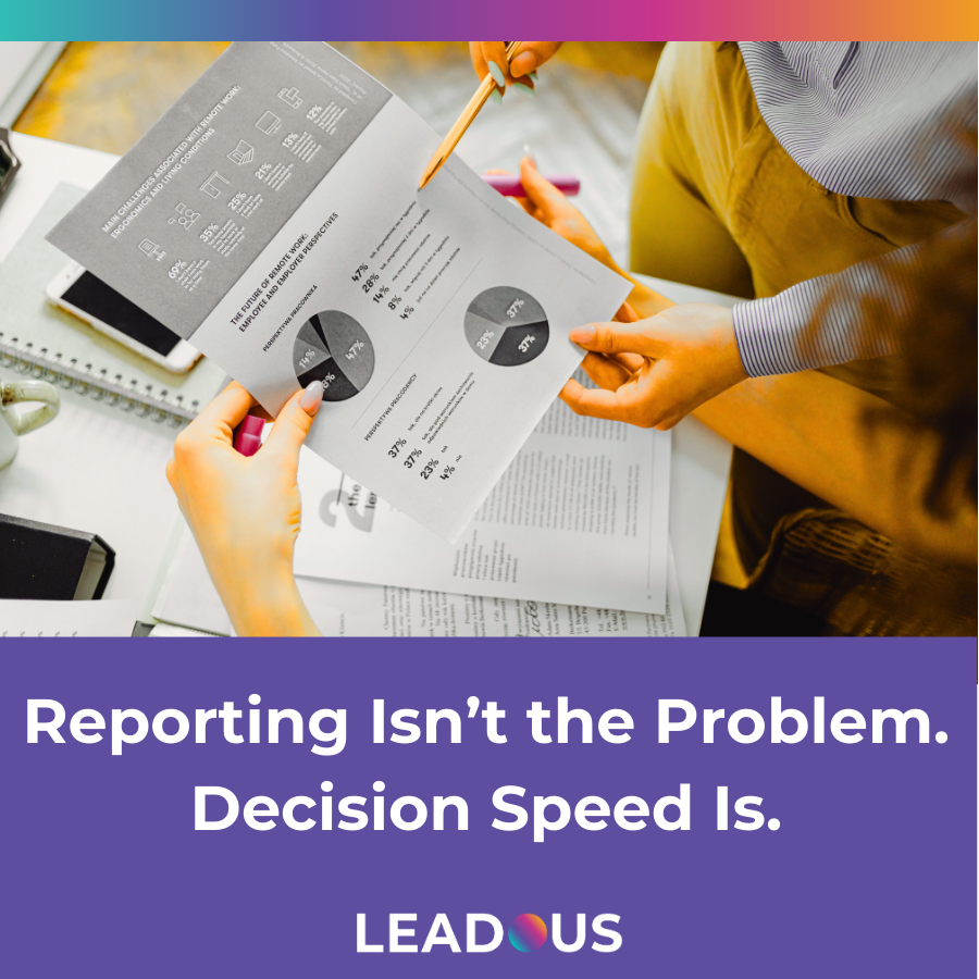 Minimalist purple marketing graphic with bold white text reading “Reporting Isn’t the Problem. Decision Speed Is.” representing executive-level revenue decision-making clarity.